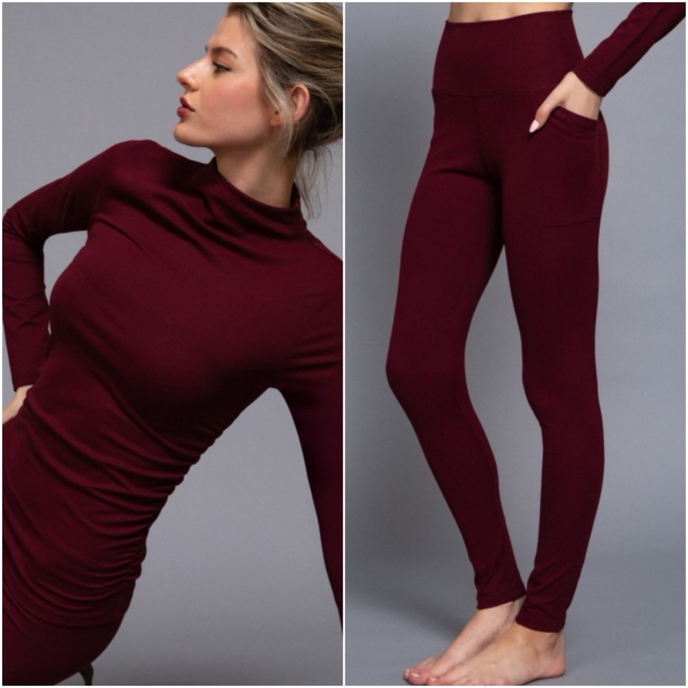 Women's Set of Maroon Mock Neck w/ Ruching & High-Waist Pocket Leggings -